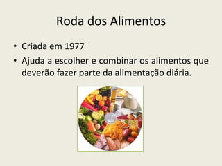 Roda dos Alimentos Criada em 1977 Ajuda a escolher e combinar os alimentos que deverão fazer parte da alimentação diária. 