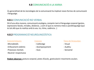 4.8 COMUNICACIÓ A LA XARXA

Ús generalitzat de les tecnologies de la comunicació ha implicat noves formes de comunicació
i llenguatge.


4.8.1 COMUNICACIÓ NO VERBAL
Dit d'una altra manera, comunicació analògica, comprèn tant el llenguatge corporal (gestos,
expressions facials, mirades, distància...) com el que es nomena meta o parallenguatge (que
és tot allò que és realitza amb la veu: to, ritme, cadència...)


4.8.2 PROGRAMACIÓ NEUROLINGÜÍSTICA

Característiques:               3 passos                          Tipus de llenguatge:
-Microdetalls                    - Calibratge                     - Visual
-Enfocament sistèmic             - Acompanyament                  - Auditiu
-Processos mentals               - Guia                           - Sensorial
-Neutral i respectuosa

Podem observar: postura corporal, pistes d’accès, gesticulació i moviments oculars.
 