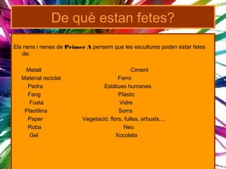 De què estan fetes?
Els nens i nenes de Primer A pensem que les escultures poden estar fetes
   de:

   Metall                                     Ciment
  Material reciclat                     Ferro
    Pedra                        Estàtues humanes
    Fang                                Plàstic
     Fusta                              Vidre
   Plastilina                           Sorra
    Paper                Vegetació: flors, fulles, arbusts....
    Roba                                  Neu
     Gel                               Xocolata
 
