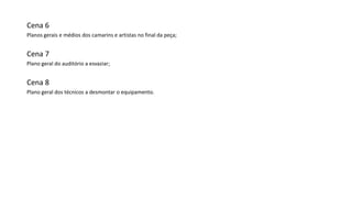 Cena 6
Planos gerais e médios dos camarins e artistas no final da peça;

Cena 7
Plano geral do auditório a esvaziar;

Cena 8
Plano geral dos técnicos a desmontar o equipamento.

 