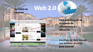 Intuitivo, de fácil manejo
con botones directos
para reservar
Facilidad de
reservar
Fácil visualización de
imágenes de
habitaciones y
ubicación
 
