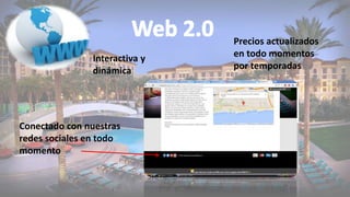 Conectado con nuestras
redes sociales en todo
momento
Facilidad
al reservar
Precios actualizados
en todo momentos
por temporadas
Interactiva y
dinámica
 
