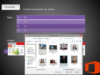 La barra de insertar nos ofrece.
Tabla. 1 2
2 3
3 4
4 5
Imagen
 