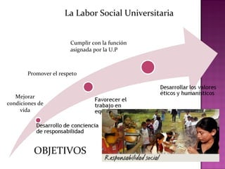 La Labor Social Universitaria
Mejorar
condiciones de
vida
Promover el respeto
Cumplir con la función
asignada por la U.P
OBJETIVOS
 