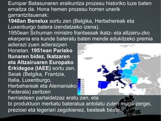 Europar Batasunaren eraikuntza prozesu historiko luze baten
emaitza da. Hona hemen prozesu horren unerik
garrantzitsuenak:
1948an Benelux sortu zen (Belgika, Herbehereak eta
Luxenburgo batera izendatzeko izena).
1950ean Schuman ministro frantsesak ikatz- eta altzairu-zko
ekarpena era kunde bateratu baten mende edukitzeko premia
adierazi zuen adierazpen
Honetan. 1951ean Parisko
Itunaren bidez, Ikatzaren
eta Altzairuaren Europako
Erkidegoa (IAEE) sortu zen.
Seiak (Belgika, Frantzia,
Italia, Luxenburgo,
Herbehereak eta Alemaniako Errepublika
Federala) zeritzen
herrialdeen partaidetzaz eratu zen, eta
bi produktuon merkatu bateratua antolatu zuten muga-zergei,
prezioei eta legeriari zegokienez, besteak beste.
                        
 