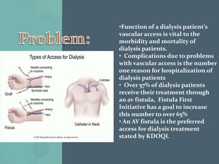 Function of a dialysis patient’s vascular access is vital to the morbidity and mortality of dialysis patients.