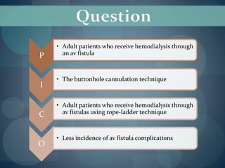   Over 57% of dialysis patients receive their treatment through an av fistula,  Fistula First Initiative has a goal to increase this number to over 65%