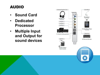 AUDIO
• Sound Card
• Dedicated
Processor
• Multiple Input
and Output for
sound devices

 