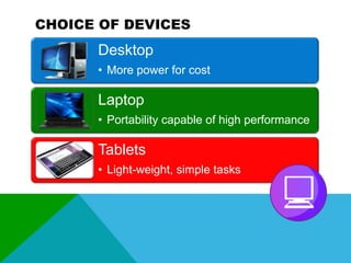 CHOICE OF DEVICES

Desktop
• More power for cost

Laptop
• Portability capable of high performance

Tablets
• Light-weight, simple tasks

 