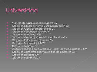 - Maestro (todas las especialidades) CV - Grado en Biblioteconomía y Documentación CV - Grado en Ciencias Empresariales CV - Grado en Educación Social CV - Grado en Estadística CV - Grado en Gestión y Administración Pública CV - Grado en Relaciones Laborales CV - Grado en Trabajo Social CV - Grado en Turismo CV - Ingeniero Técnico en Informática (todas las especialidades) CV - Grado en Administración y Dirección de Empresas CV - Grado en Derecho CV - Grado en Economía CV 