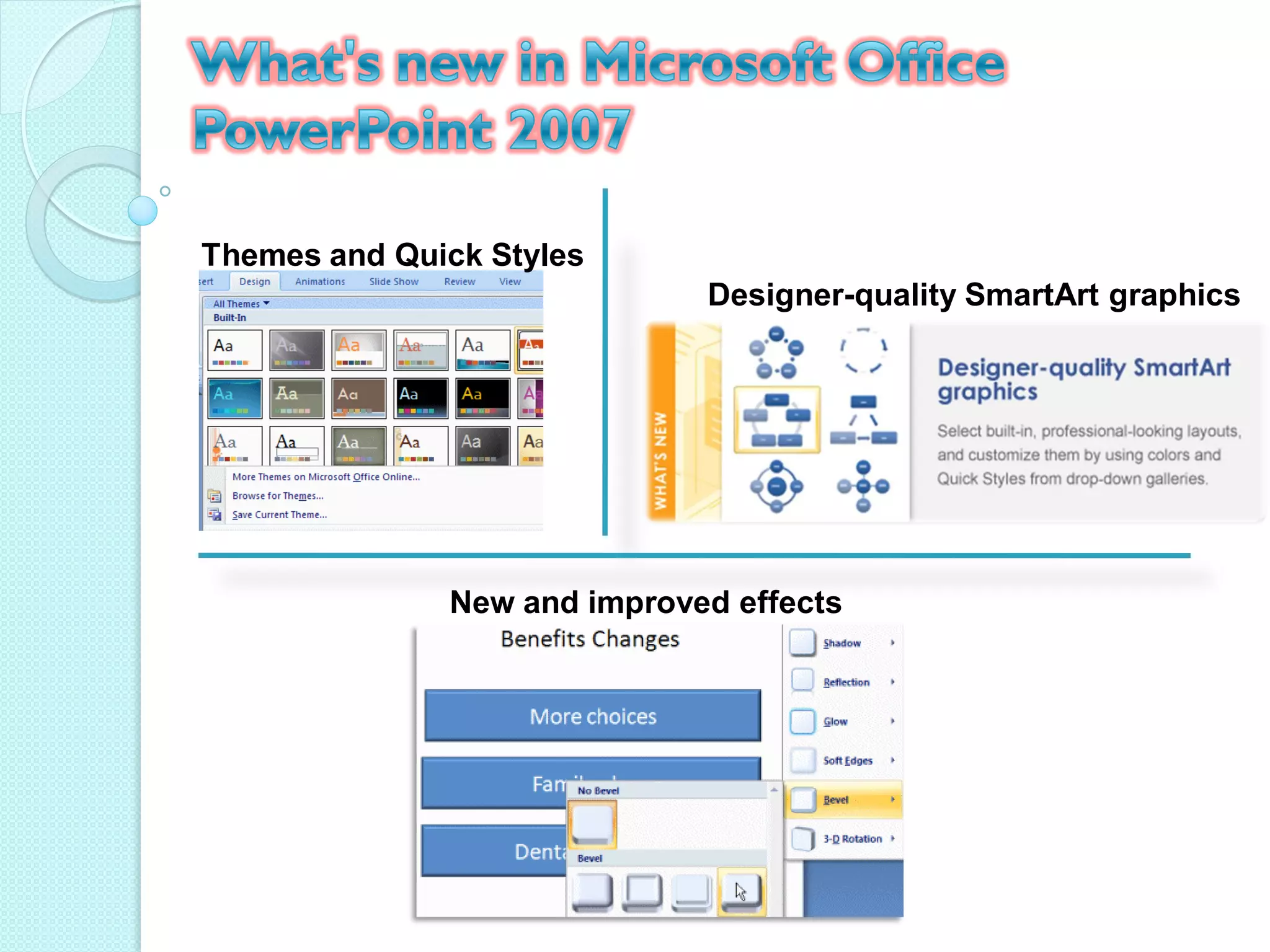 Themes and Quick Styles
                             Designer-quality SmartArt graphics




              New and improved effects
 