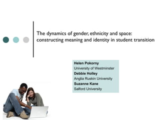 The dynamics of gender, ethnicity and space: 
constructing meaning and identity in student transition 
Helen Pokorny 
University of Westminster 
Debbie Holley 
Anglia Ruskin University 
Suzanne Kane 
Salford University 
 