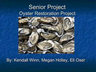 Senior Project
      Oyster Restoration Project




By: Kendall Winn, Megan Holley, Eli Oser
 
