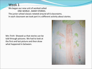 Week 1 We began our new unit of worked called  ONE WORLD , MANY STORIES. The junior school classes rotated around all 6 classrooms. In each classroom we took part in a different activity about stories. Mrs Trinh  Showed us that stories can be told through pictures. We had to look at the first and last picture and then draw  what happened in between. 