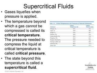 Intermolecular
Forces
© 2015 Pearson Education, Inc.
Supercritical Fluids
• Gases liquefies when
pressure is applied.
• The temperature beyond
which a gas cannot be
compressed is called its
critical temperature.
The pressure needed to
compress the liquid at
critical temperature is
called critical pressure.
• The state beyond this
temperature is called a
supercritical fluid.
 