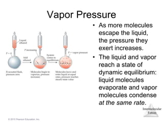 Intermolecular
Forces
© 2015 Pearson Education, Inc.
Vapor Pressure
• As more molecules
escape the liquid,
the pressure they
exert increases.
• The liquid and vapor
reach a state of
dynamic equilibrium:
liquid molecules
evaporate and vapor
molecules condense
at the same rate.
 