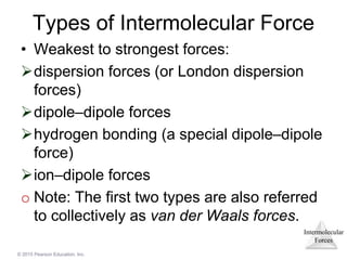 Intermolecular
Forces
© 2015 Pearson Education, Inc.
Types of Intermolecular Force
• Weakest to strongest forces:
dispersion forces (or London dispersion
forces)
dipole–dipole forces
hydrogen bonding (a special dipole–dipole
force)
ion–dipole forces
o Note: The first two types are also referred
to collectively as van der Waals forces.
 