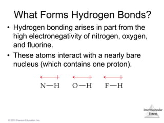 Intermolecular
Forces
© 2015 Pearson Education, Inc.
What Forms Hydrogen Bonds?
• Hydrogen bonding arises in part from the
high electronegativity of nitrogen, oxygen,
and fluorine.
• These atoms interact with a nearly bare
nucleus (which contains one proton).
 