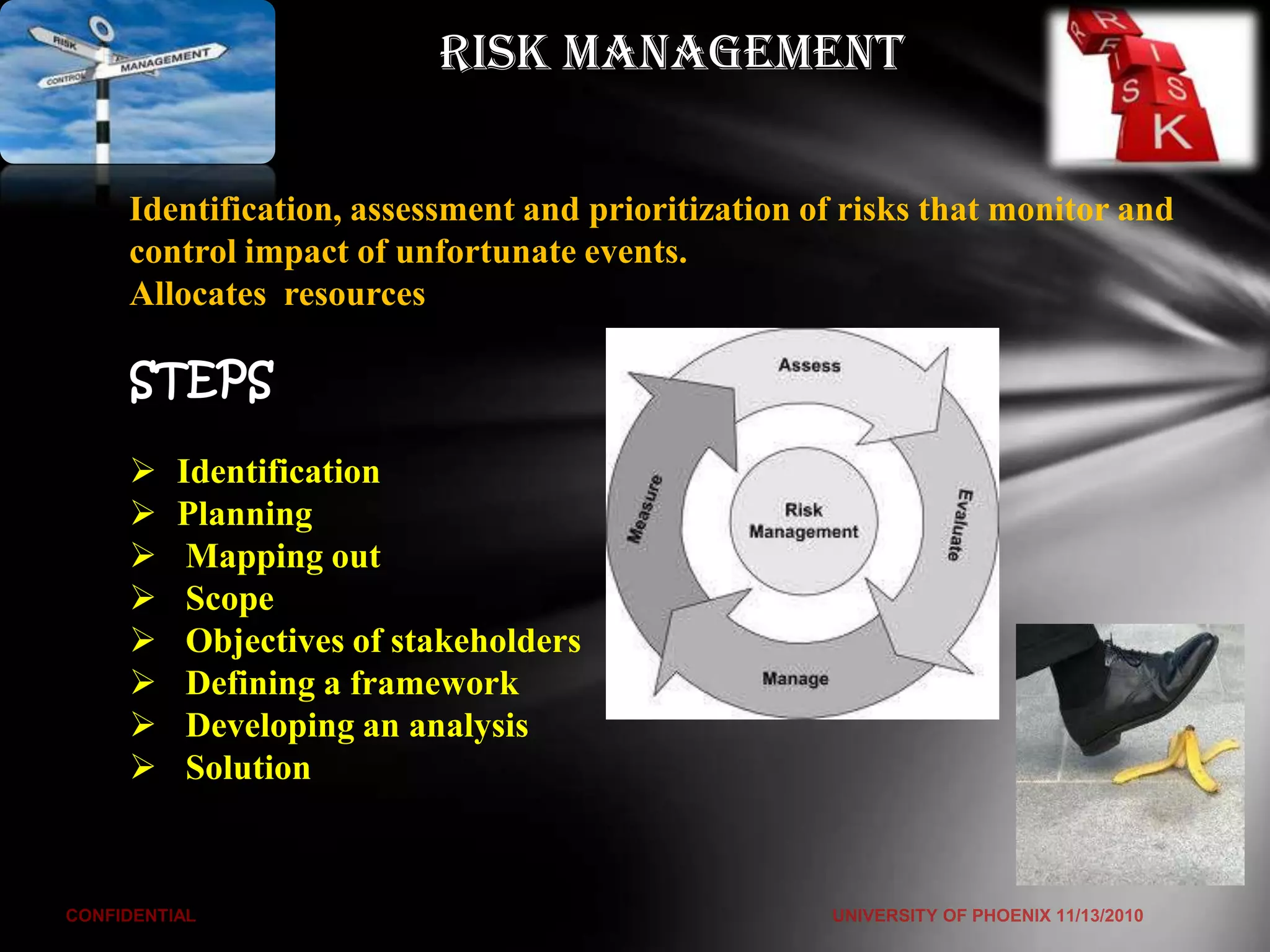 RISK MANAGEMENT

Identification, assessment and prioritization of risks that monitor and
control impact of unfortunate events.
Allocates resources

STEPS

   Identification
   Planning
    Mapping out
    Scope
    Objectives of stakeholders
    Defining a framework
    Developing an analysis
    Solution
 
