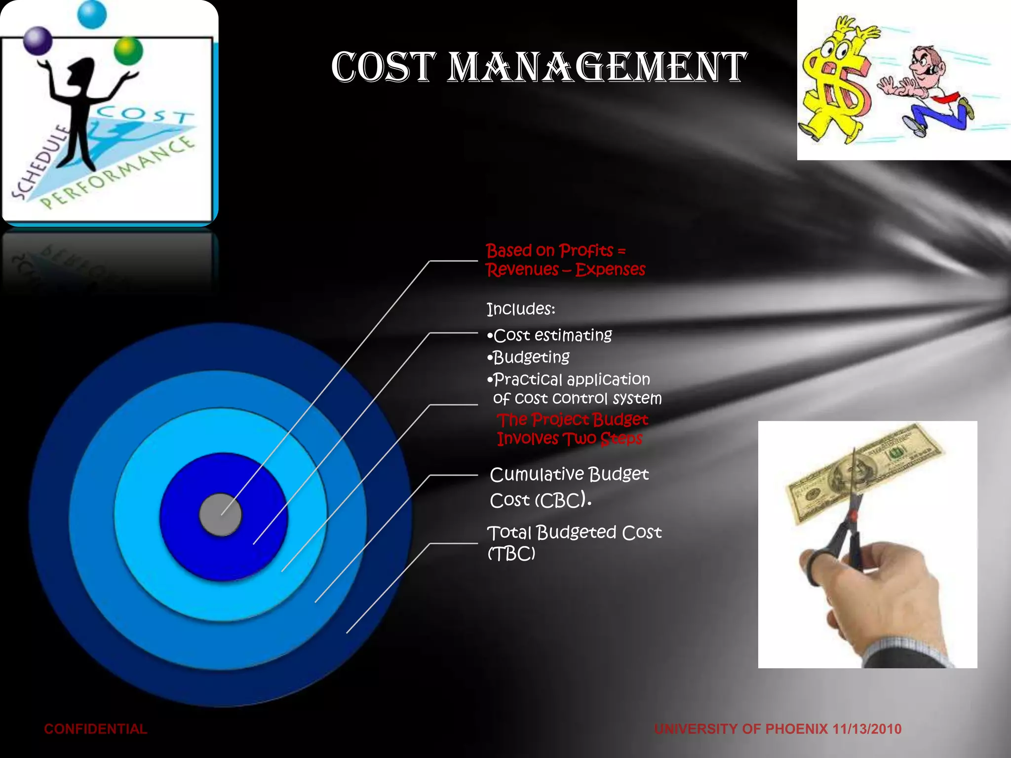 COST MANAGEMENT


     Based on Profits =
     Revenues – Expenses

     Includes:
     •Cost estimating
     •Budgeting
     •Practical application
      of cost control system
      The Project Budget
      Involves Two Steps

     Cumulative Budget
     Cost (CBC).
     Total Budgeted Cost
     (TBC)
 