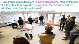 Pru Gell
“How groups make decisions, & have discussions, shapes the kind
of culture that they have & if people don’t feel heard, or safe to
talk, they resist (decisions & more)”
Myrna Lewis, From Inside the No: Five Steps to Decisions That Last, 2008.
 