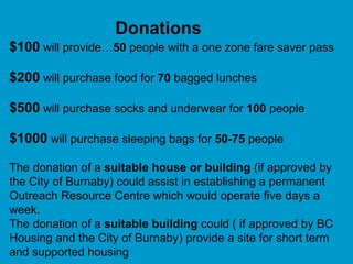 Donations  $100  will provide… 50  people with a one zone fare saver pass $200  will purchase food for  70  bagged lunches $500  will purchase socks and underwear for  100  people $1000  will purchase sleeping bags for  50-75  people The donation of a  suitable house or building  (if approved by the City of Burnaby) could assist in establishing a permanent Outreach Resource Centre which would operate five days a week. The donation of a  suitable building  could ( if approved by BC Housing and the City of Burnaby) provide a site for short term and supported housing 