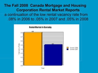 The Fall 2008  Canada Mortgage and Housing   Corporation Rental Market Reports a continuation of the low rental vacancy rate from  .08% in 2006 to .05% in 2007 and .05% in 2008 