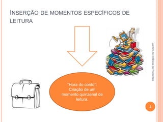 INSERÇÃO DE MOMENTOS ESPECÍFICOS DE
LEITURA
3
JardimdeInfânciadePodentes
“Hora do conto”:
Criação de um
momento quinzenal de
leitura.
 