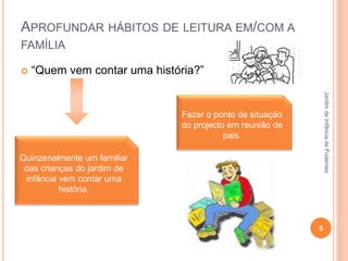 APROFUNDAR HÁBITOS DE LEITURA EM/COM A
FAMÍLIA
 “Quem vem contar uma história?”
5
JardimdeInfânciadePodentes
Quinzenalmente um familiar
das crianças do jardim de
infância vem contar uma
história.
Fazer o ponto de situação
do projecto em reunião de
pais.
 