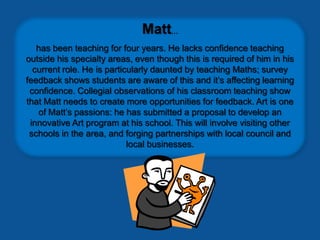Matt...
   has been teaching for four years. He lacks confidence teaching
outside his specialty areas, even though this is required of him in his
  current role. He is particularly daunted by teaching Maths; survey
feedback shows students are aware of this and it’s affecting learning
 confidence. Collegial observations of his classroom teaching show
that Matt needs to create more opportunities for feedback. Art is one
   of Matt’s passions: he has submitted a proposal to develop an
 innovative Art program at his school. This will involve visiting other
 schools in the area, and forging partnerships with local council and
                            local businesses.
 
