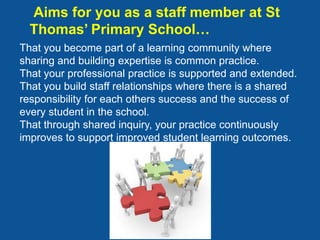 Aims for you as a staff member at St
  Thomas’ Primary School…
That you become part of a learning community where
sharing and building expertise is common practice.
That your professional practice is supported and extended.
That you build staff relationships where there is a shared
responsibility for each others success and the success of
every student in the school.
That through shared inquiry, your practice continuously
improves to support improved student learning outcomes.
 