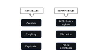 ADVANTAGES DISADVANTAGES
Accuracy
Difficult for a
beginner
Simplicity Discomfort
Duplication
Patient
Compliance
 