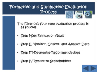 Formative and Summative Evaluation ProcessThe District’s four step evaluation process is as follows:Step I-Set Evaluation GoalsStep II-Monitor, Collect, and Analyze DataStep III-Determine RecommendationsStep IV-Report to Stakeholders 