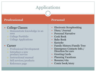Applications

Professional                      Personal

 College Classes                    Electronic Scrapbooking
   Demonstrate knowledge in an      Diary/ Journal
    area                             Personal Narrative
   College Portfolio                Cook Book
   College Applications             Baby Book
                                     Karaoke
 Career                             Family History/Family Tree
   Professional Development         Emergency Contacts Info./
   Introduce a new                   Direction for care
    product/service                  Greeting Cards
   Instructional manual             Planning Vacations
   Sell services/products           Resume/vita
   Reference page                   Comic book/story
 
