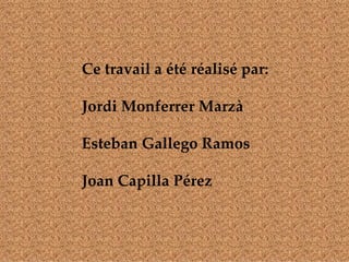 Ce travail a été réalisé par:

Jordi Monferrer Marzà

Esteban Gallego Ramos

Joan Capilla Pérez
 