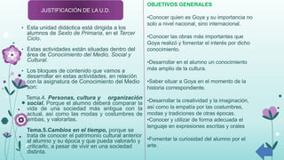 JUSTIFICACIÓN DE LA U.D.
• Esta unidad didáctica está dirigida a los
alumnos de Sexto de Primaria, en el Tercer
Ciclo.
• Estas actividades están situadas dentro del
área de Conocimiento del Medio, Social y
Cultural.
• Los bloques de contenido que vamos a
desarrollar en estas actividades, en relación
con la asignatura de Conocimiento del Medio
son:
Tema.4. Personas, cultura y organización
social. Porque el alumno deberá comparar la
vida de una sociedad más antigua con la
actual, así como las modas y costumbres de
ambas, y valorarlas.
Tema.5.Cambios en el tiempo, porque se
trata de conocer el patrimonio cultural anterior
al alumno y su época y que pueda valorarlo y
criticarlo, a pesar de vivir en una sociedad
distinta.
OBJETIVOS GENERALES
•Conocer quien es Goya y su importancia no
solo a nivel nacional, sino internacional.
•Conocer las obras más importantes que
Goya realizó y fomentar el interés por dicho
conocimiento.
•Desarrollar en el alumno un conocimiento
más amplio de la cultura.
•Saber situar a Goya en el momento de la
historia correspondiente.
•Desarrollar la creatividad y la imaginación,
así como la empatía por las costumbres,
modas y tradiciones de otras épocas.
•Conocer y utilizar de forma adecuada el
lenguaje en expresiones escritas y orales
•Fomentar la curiosidad del alumno por el
arte.
 