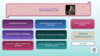 ¿QUIÉN ERA GOYA?
INFANCIA Y PRIMEROS AÑOS.
GOYA EN ITALIA Y MADRID
JUVENTUD Y MADUREZ
GOYA EN LA REAL FÁBRICA DE
TAPICES
MATRIMONIO Y RECONOCIMIENTO
ENFERMEDAD DE GOYA Y LOS
“CAPRICHOS”
GOYA EN LA REVOLUCIÓN FRANCESA
LA RESTAURACIÓN Y LAS PINTURAS
NEGRAS DE GOYA.
GLOSARIO
EXILIO EN BURDEOS Y
MUERTE.
 