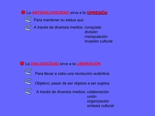 La ANTIDIALOGICIDAD sirve a la OPRESIÓNOPRESIÓN
Para mantener su status quo
A través de diversos medios: conquista
división
manipulación
invasión cultural
La DIALOGICIDAD sirve a la LIBERACIÓN
Para llevar a cabo una revolución auténtica
Objetivo: pasar de ser objetos a ser sujetos
A través de diversos medios: colaboración
unión
organización
síntesis cultural
 