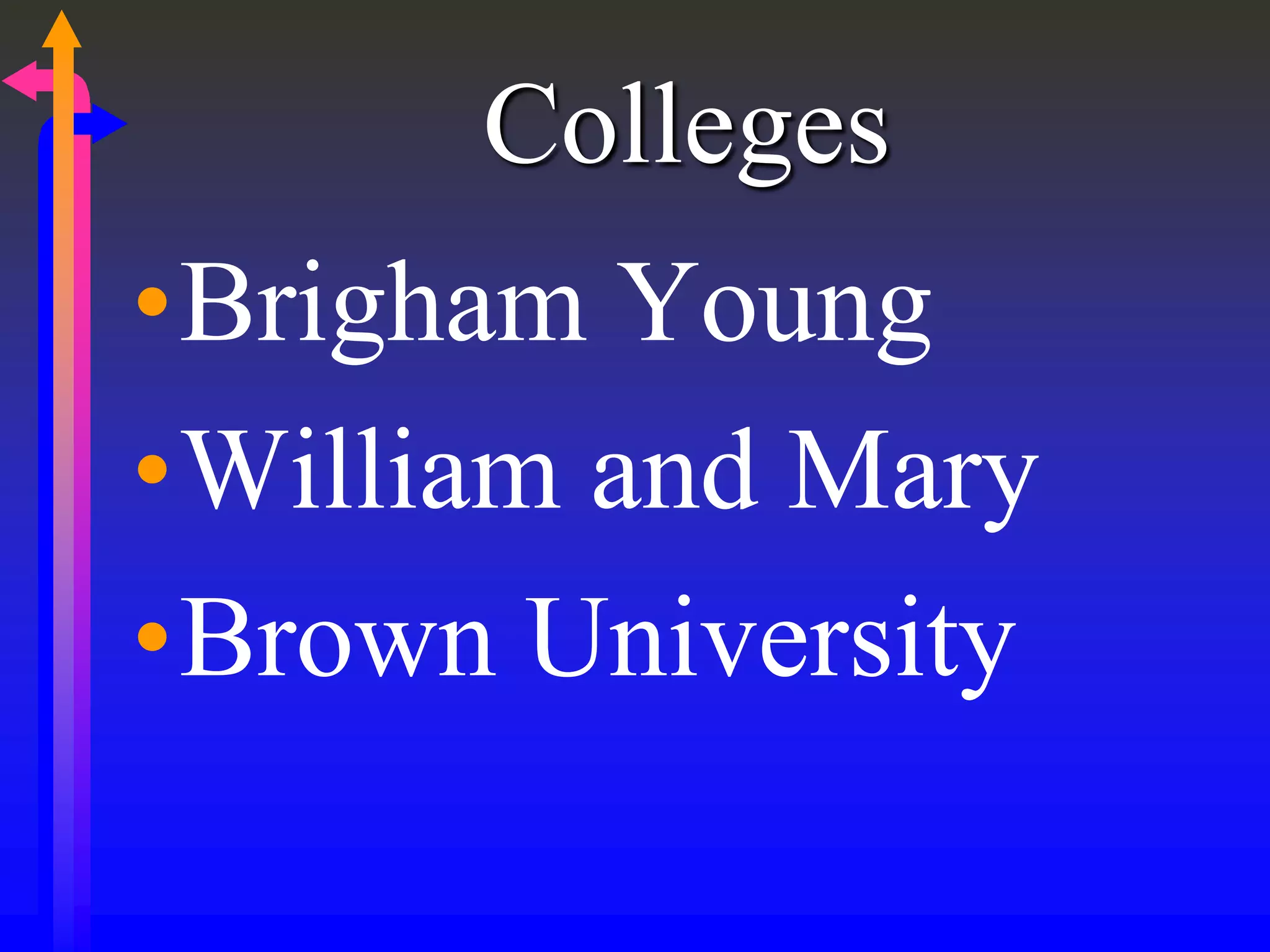 Colleges
•Brigham Young
•William and Mary
•Brown University
 