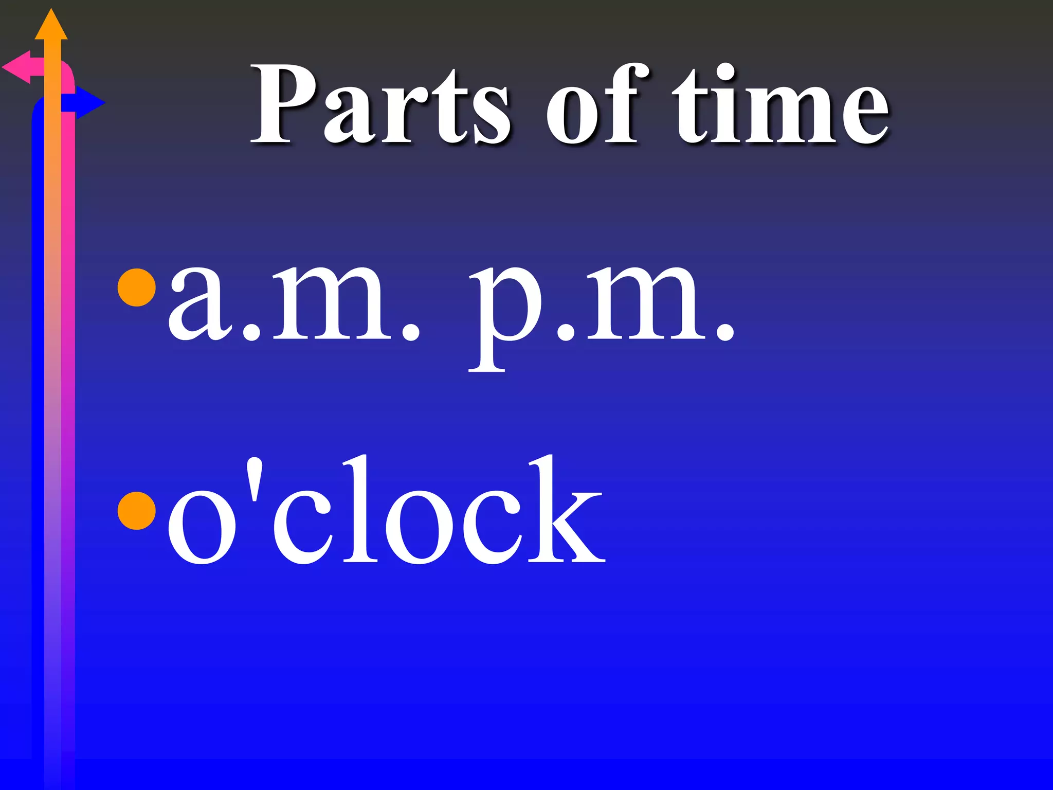 Parts of time
•a.m. p.m.
•o'clock
 