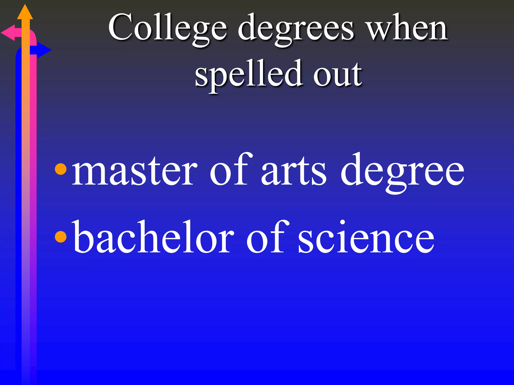 College degrees when
spelled out
•master of arts degree
•bachelor of science
 