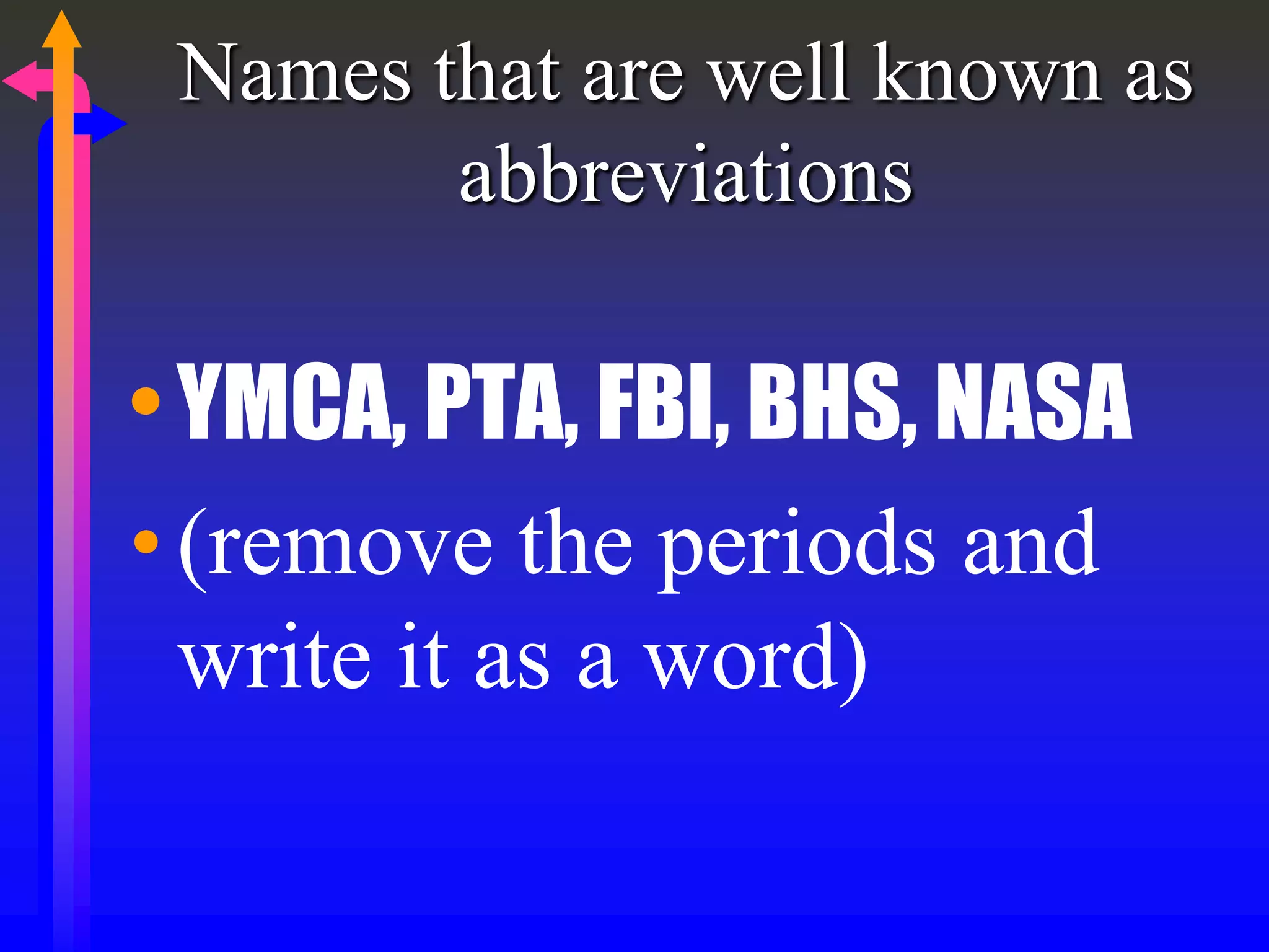 Names that are well known as
abbreviations
• YMCA, PTA, FBI, BHS, NASA
•(remove the periods and
write it as a word)
 