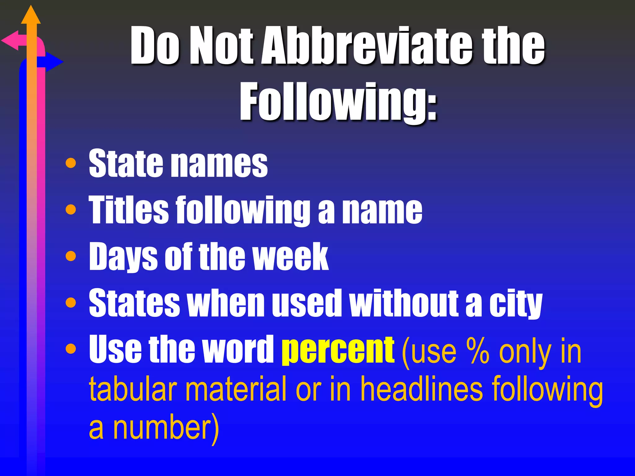 Do Not Abbreviate the
Following:
• State names
• Titles following a name
• Days of the week
• States when used without a city
• Use the word percent (use % only in
tabular material or in headlines following
a number)
 