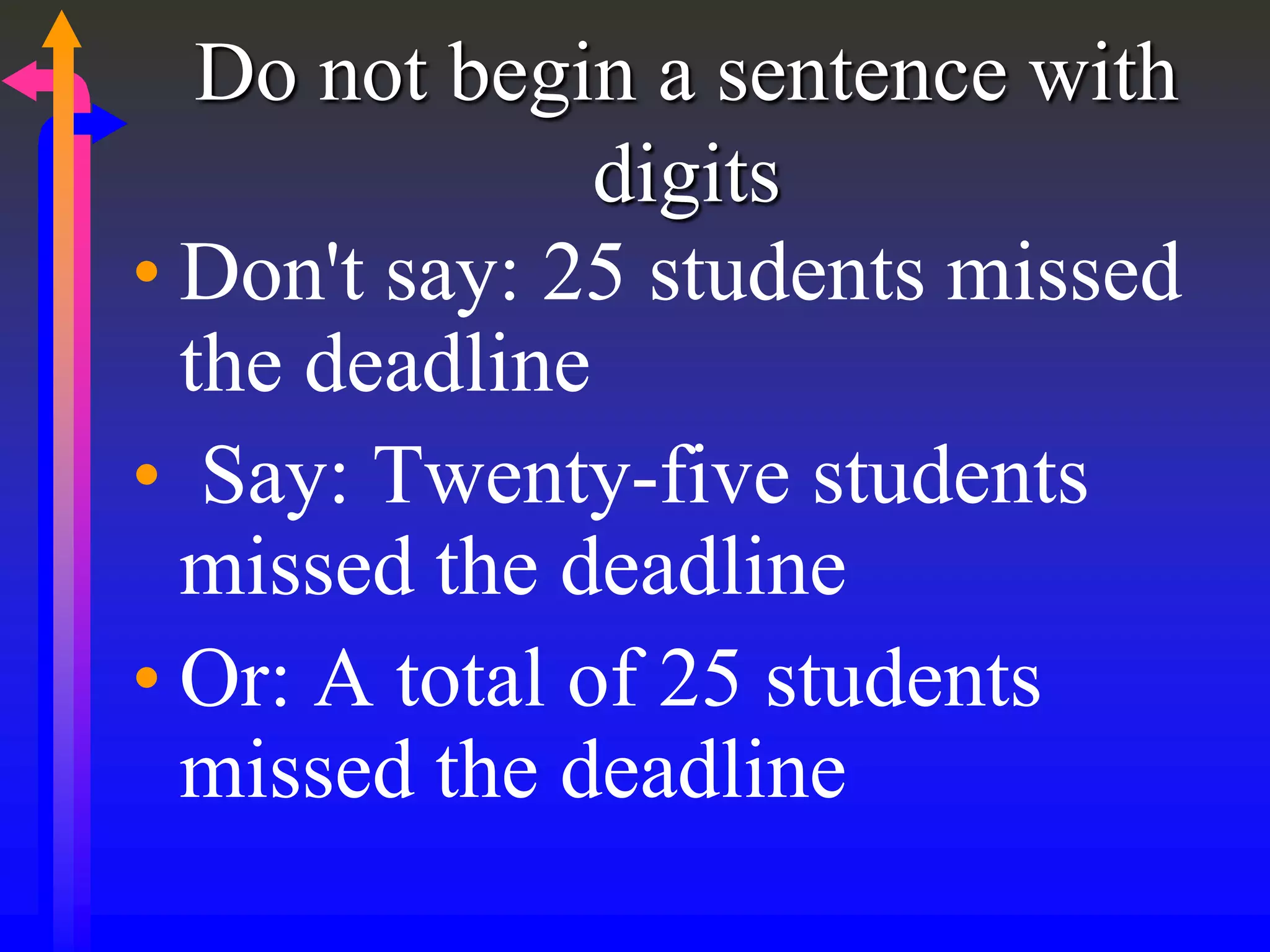 Do not begin a sentence with
digits
• Don't say: 25 students missed
the deadline
• Say: Twenty-five students
missed the deadline
• Or: A total of 25 students
missed the deadline
 