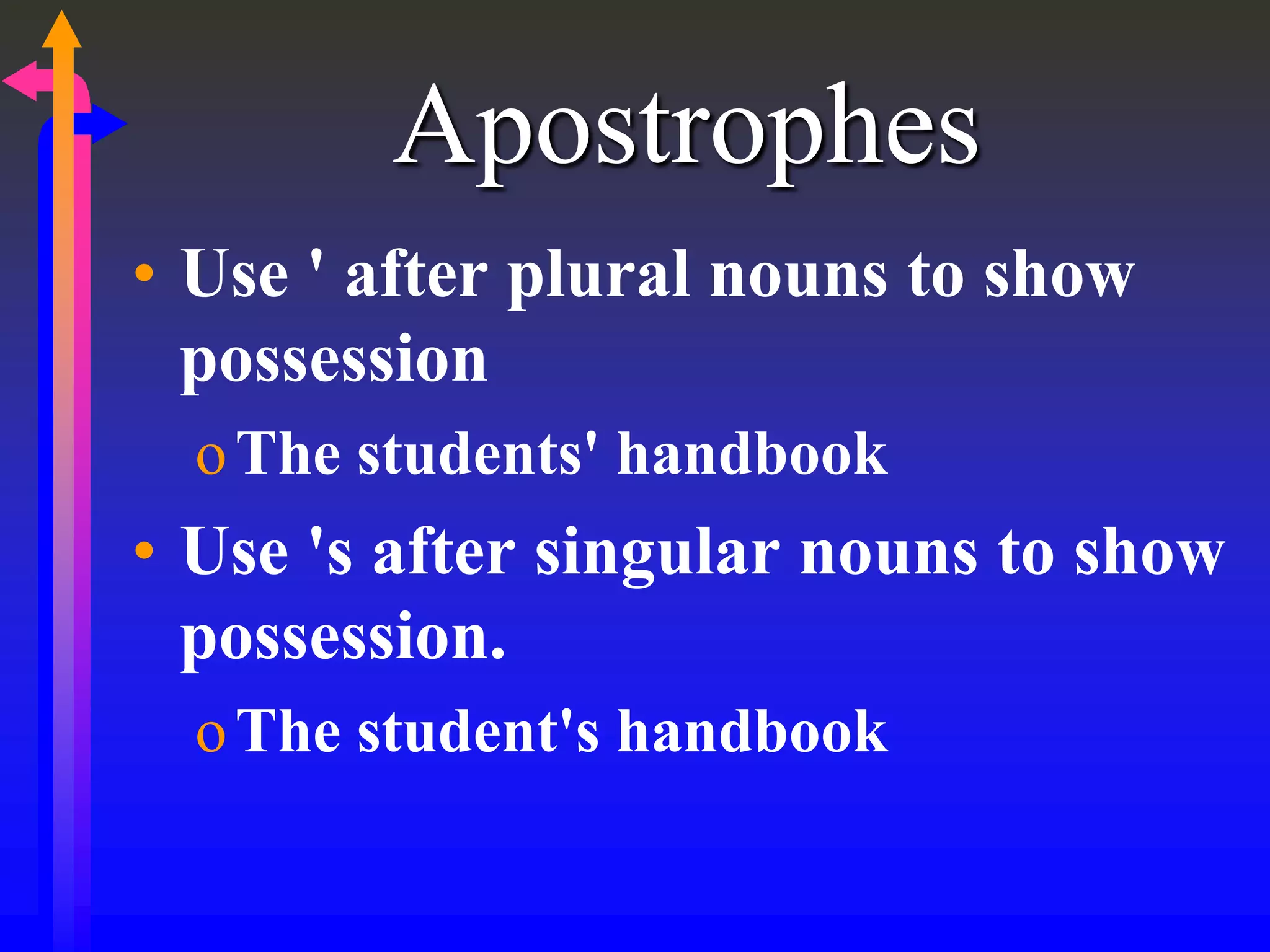 Apostrophes
• Use ' after plural nouns to show
possession
oThe students' handbook
• Use 's after singular nouns to show
possession.
oThe student's handbook
 