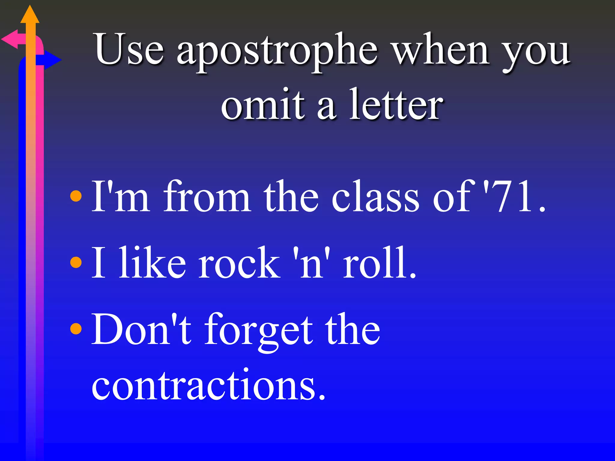 Use apostrophe when you
omit a letter
•I'm from the class of '71.
•I like rock 'n' roll.
•Don't forget the
contractions.
 