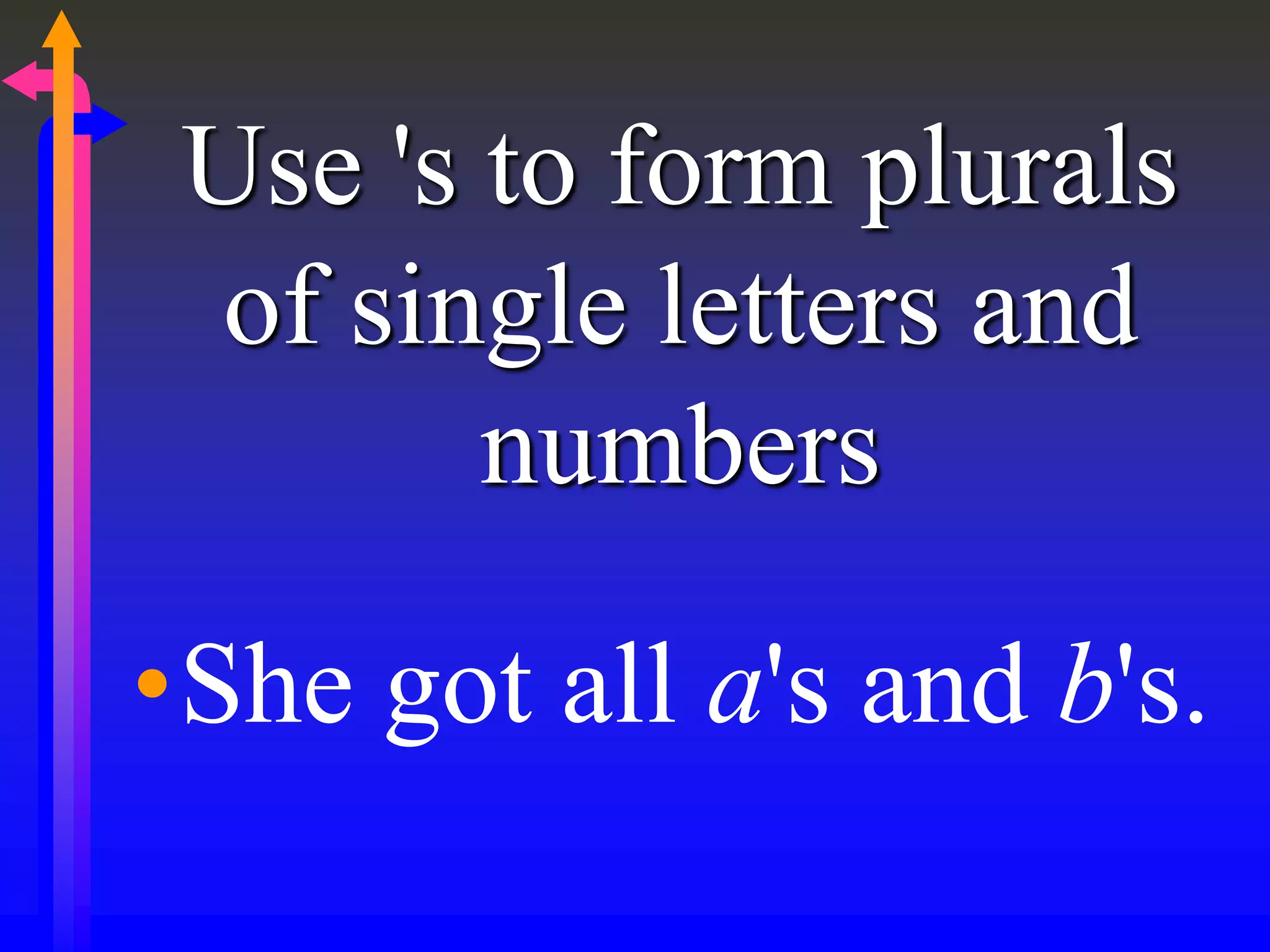 Use 's to form plurals
of single letters and
numbers
•She got all a's and b's.
 