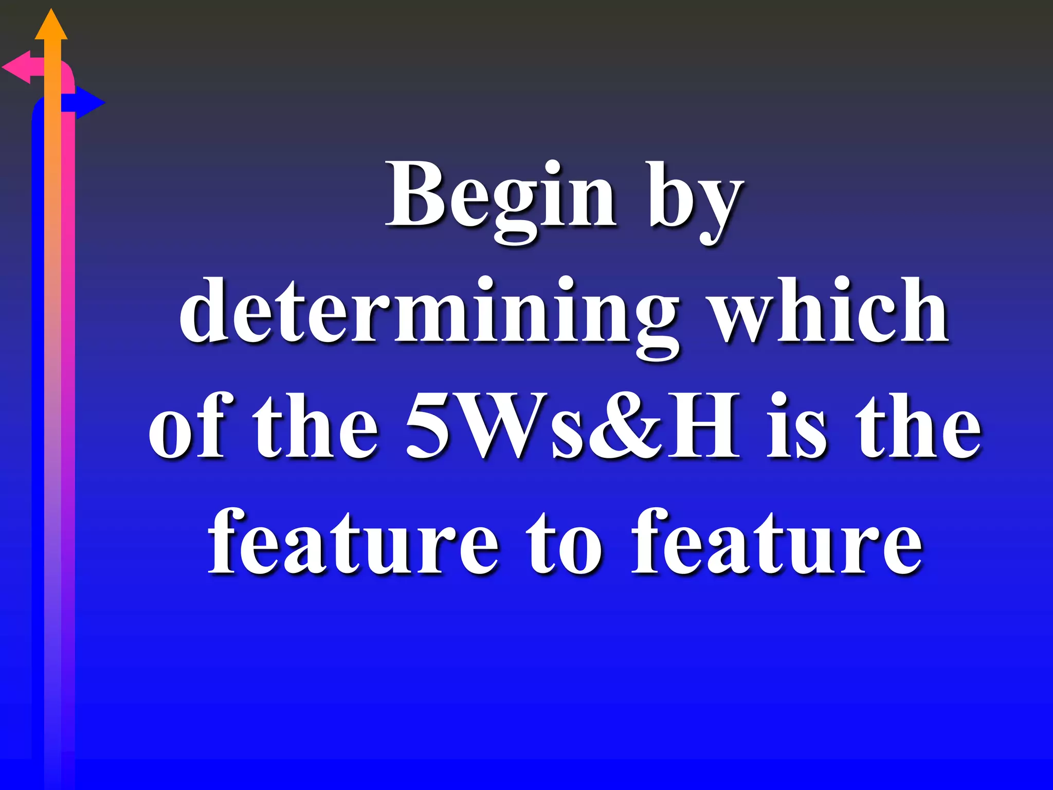 Begin by
determining which
of the 5Ws&H is the
feature to feature
 