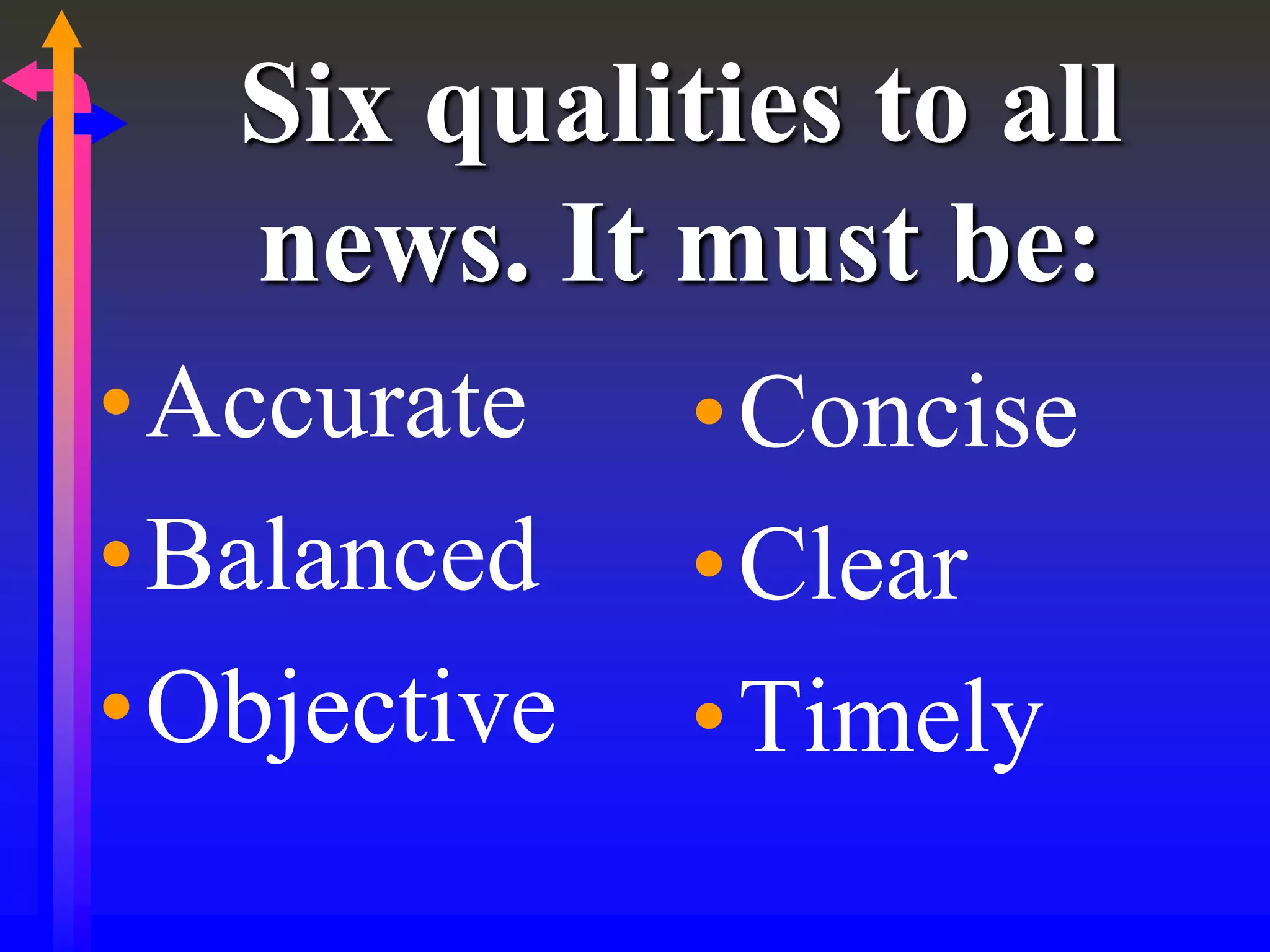 Six qualities to all
news. It must be:
•Accurate
•Balanced
•Objective
•Concise
•Clear
•Timely
 