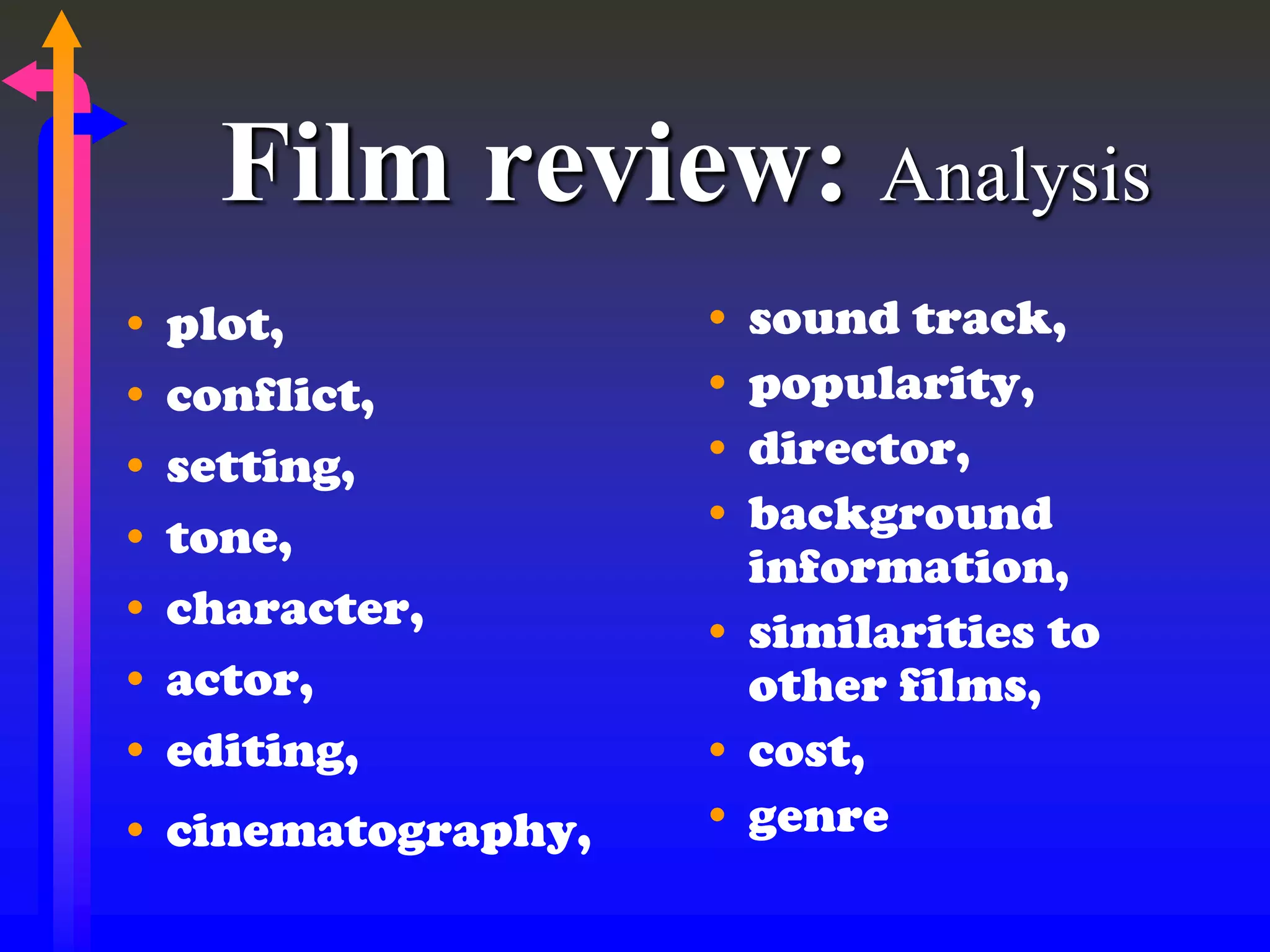 Film review: Analysis
• plot,
• conflict,
• setting,
• tone,
• character,
• actor,
• editing,
• cinematography,
• sound track,
• popularity,
• director,
• background
information,
• similarities to
other films,
• cost,
• genre
 